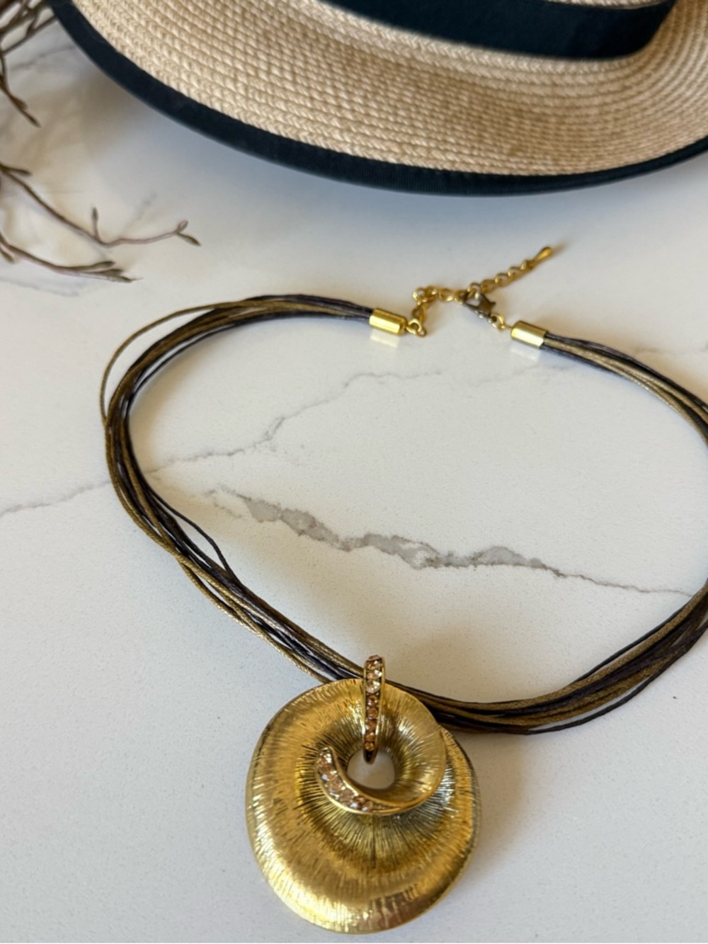 Necklace Gold Toned Pendant with Crystals on brown leather lanyard